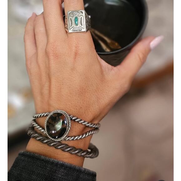 1940s Navajo Petrified Wood Bracelet Twisted Silver Rope Bands - Picture 5 of 5